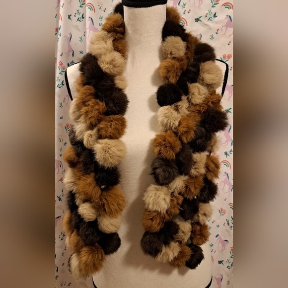 Vintage Genuine Rabbit Fur 3 Tone Brown Neutral Boho Formal PomPom Scarf Wrap - Picture 2 of 5